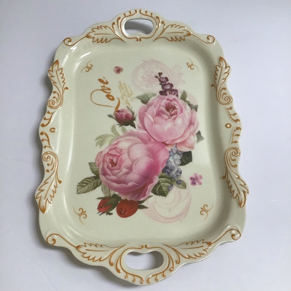 LAST 1! Floral Serving Tray Melamine Handles Cream Pink Peonies Tea Vanity NEW - Picture 5 of 14